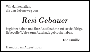 Traueranzeige von Resi Gebauer von Landeszeitung