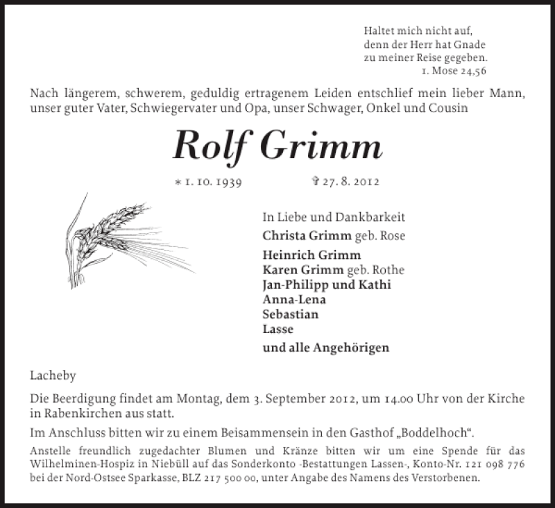  Traueranzeige für Rolf Grimm vom 31.08.2012 aus Flensburger Tageblatt