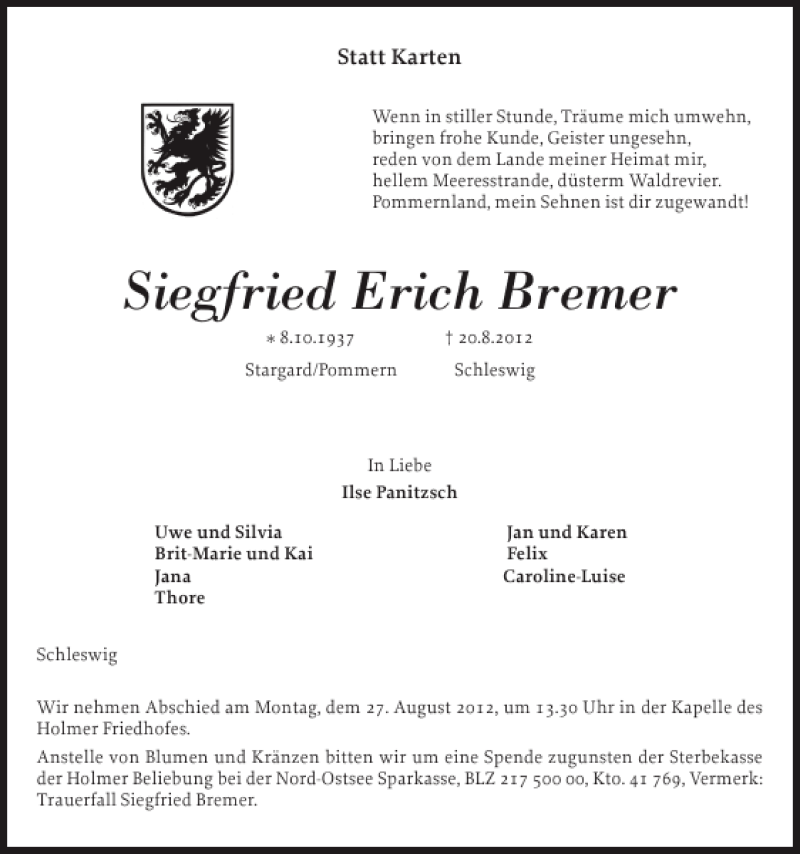  Traueranzeige für Siegfried Erich Bremer vom 23.08.2012 aus Schleswiger Nachrichten