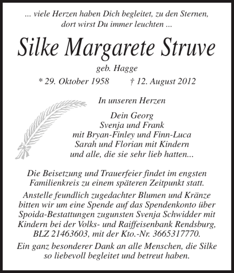  Traueranzeige für Silke Margarete Struve vom 18.08.2012 aus Landeszeitung