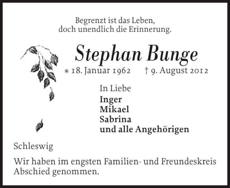  Traueranzeige für Stephan Bunge vom 18.08.2012 aus Schleswiger Nachrichten