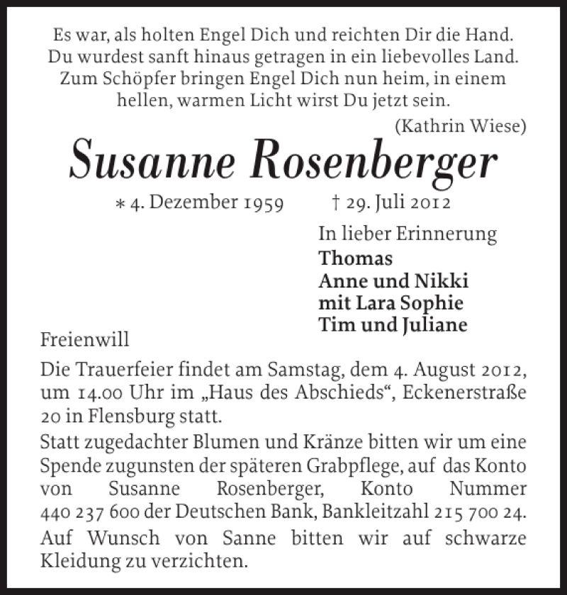  Traueranzeige für Susanne Rosenberger vom 02.08.2012 aus Flensburger Tageblatt