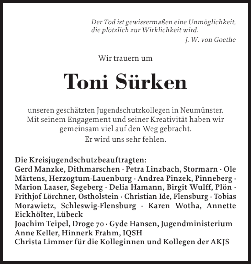  Traueranzeige für Toni Sürken vom 25.08.2012 aus Holsteinischer Courier