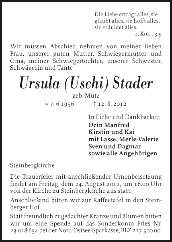 Traueranzeige für Ursula Uschi Stader vom 18.08.2012 aus Flensburger Tageblatt