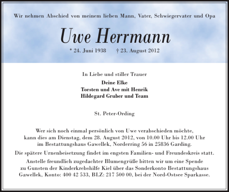  Traueranzeige für Uwe Herrmann vom 27.08.2012 aus Husumer Nachrichten