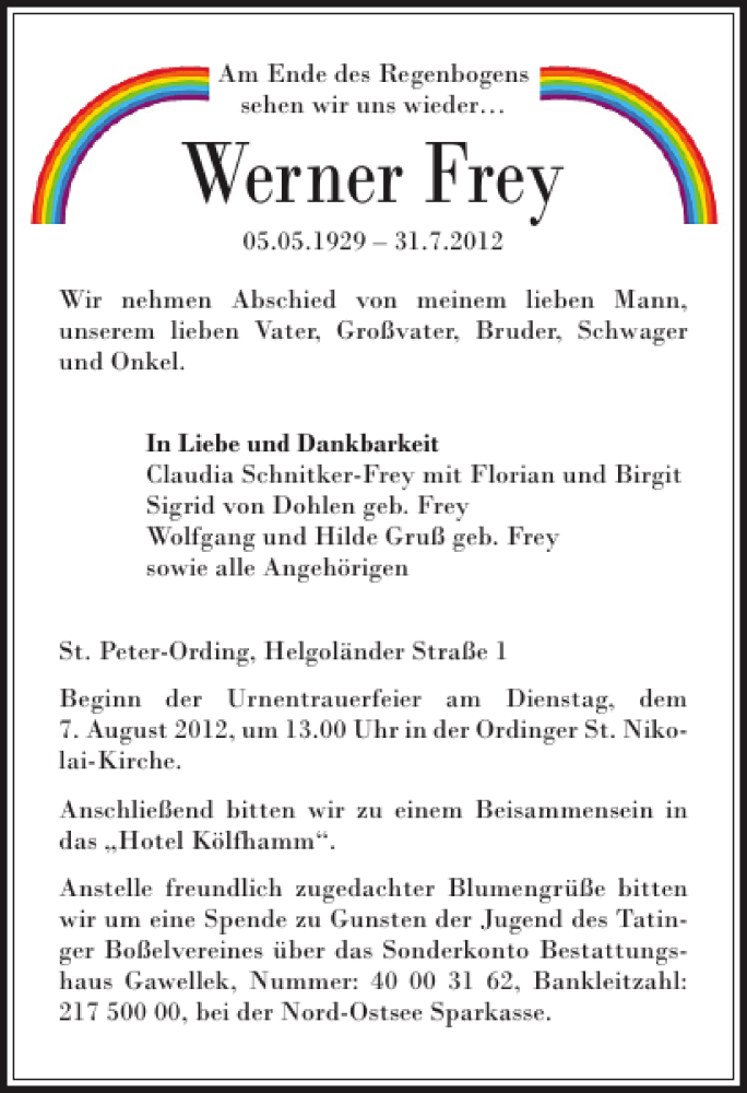  Traueranzeige für Werner Frey vom 03.08.2012 aus Husumer Nachrichten