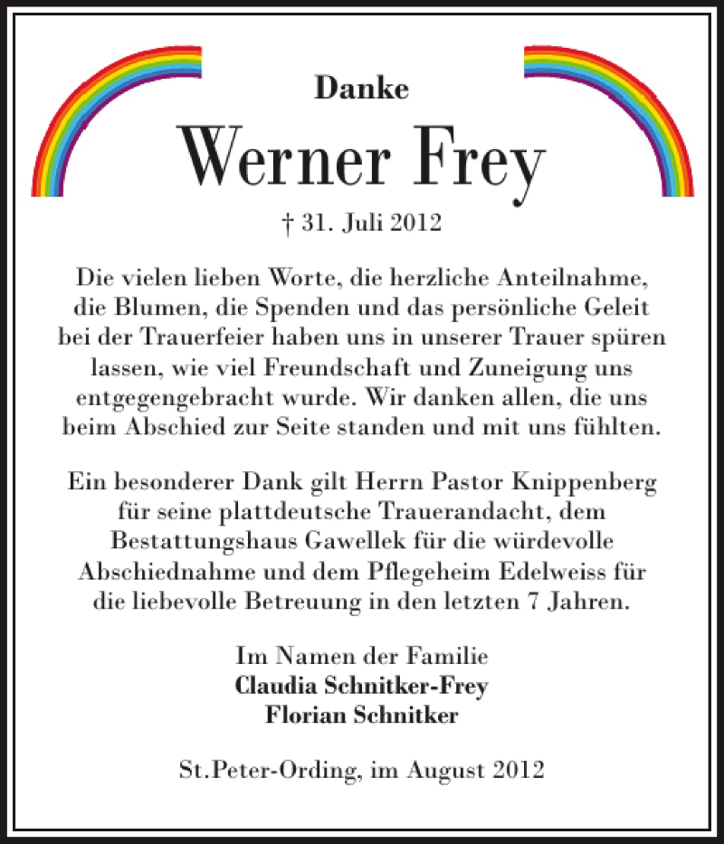  Traueranzeige für Werner Frey vom 23.08.2012 aus Husumer Nachrichten
