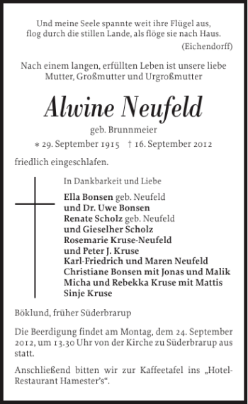 Traueranzeige von Alwine Neufeld von Schleswiger Nachrichten