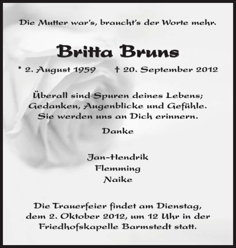  Traueranzeige für Britta Bruns vom 26.09.2012 aus Elmshorner Nachrichten
