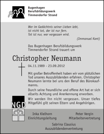 Traueranzeige von Christopher Neumann von Norddeutsche Rundschau