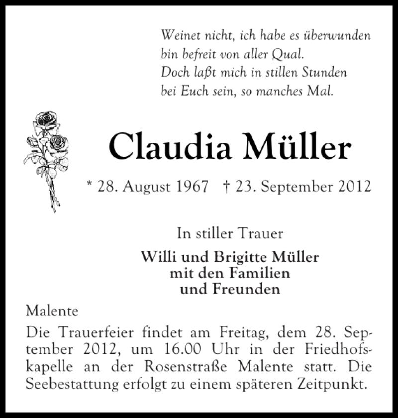  Traueranzeige für Claudia Müller vom 26.09.2012 aus Ostholsteiner Anzeiger