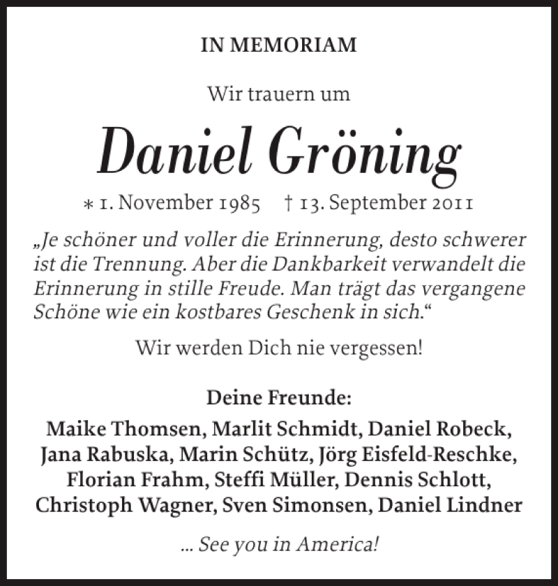  Traueranzeige für Daniel Gröning vom 13.09.2012 aus Flensburger Tageblatt