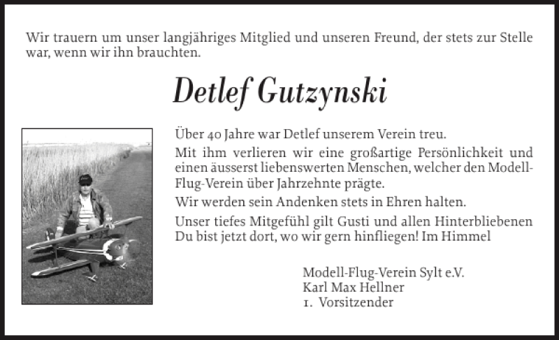  Traueranzeige für Detlef Gutzynski vom 28.09.2012 aus Sylter Rundschau