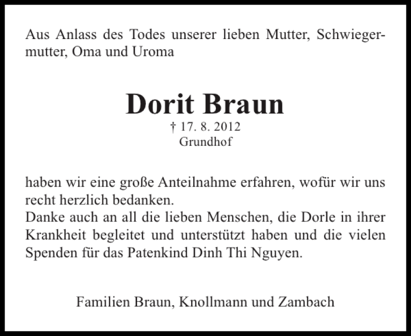  Traueranzeige für Dorit Braun vom 08.09.2012 aus Flensburger Tageblatt