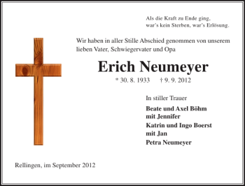 Traueranzeige von Erich Neumeyer von Pinneberger Tageblatt