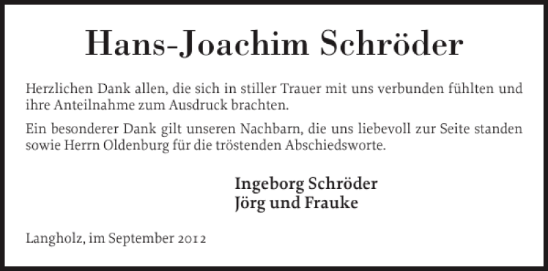  Traueranzeige für Hans-Joachim Schröder vom 15.09.2012 aus Eckernförder Zeitung