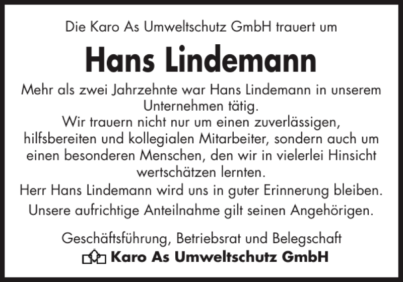  Traueranzeige für Hans Lindemann vom 15.09.2012 aus Landeszeitung