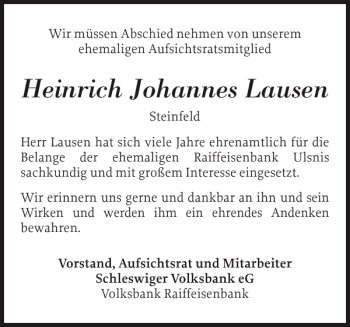 Traueranzeige von Heinrich Johannes Lausen von Schleswiger Nachrichten