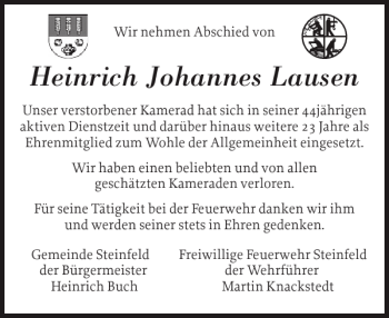 Traueranzeige von Heinrich Johannes Lausen von Schleswiger Nachrichten