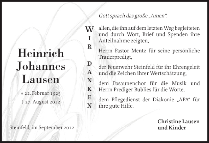  Traueranzeige für Heinrich Johannes Lausen vom 15.09.2012 aus Flensburger Tageblatt
