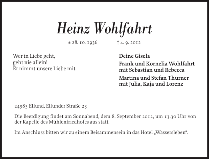  Traueranzeige für Heinz Wohlfahrt vom 06.09.2012 aus Flensburger Tageblatt
