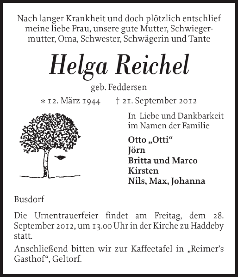  Traueranzeige für Helga Reichel vom 27.09.2012 aus Schleswiger Nachrichten