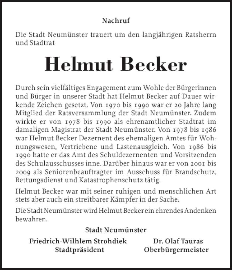  Traueranzeige für Helmut Becker vom 08.09.2012 aus Holsteinischer Courier
