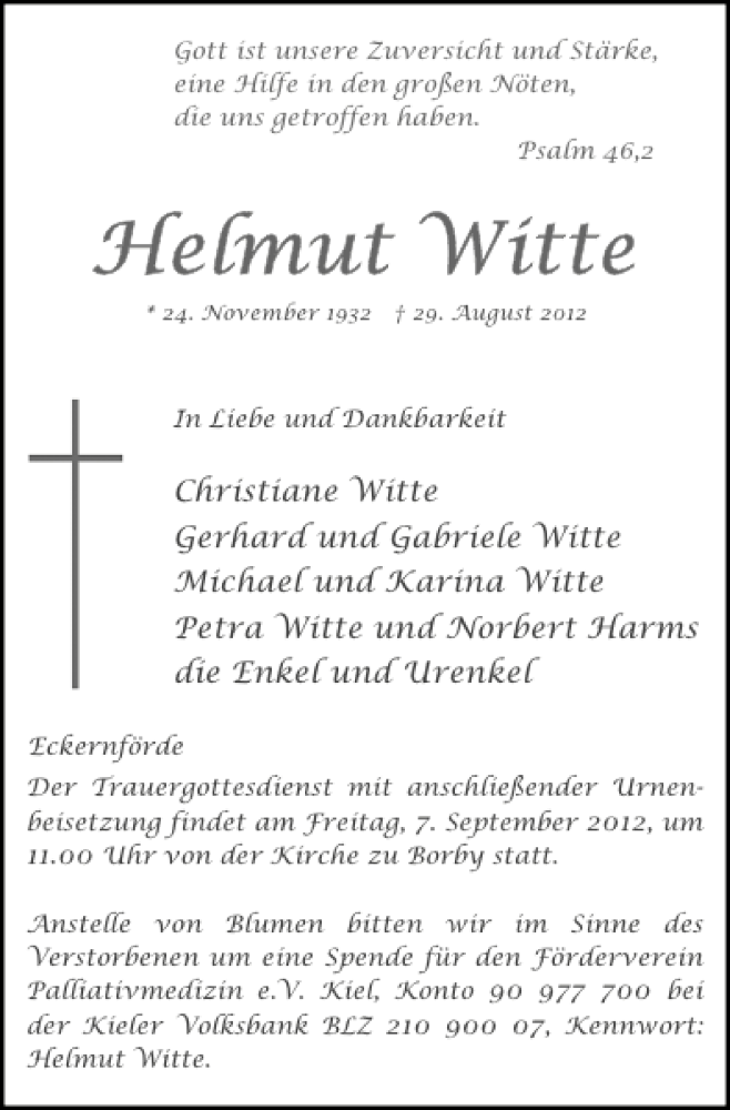  Traueranzeige für Helmut Witte vom 01.09.2012 aus Eckernförder Zeitung