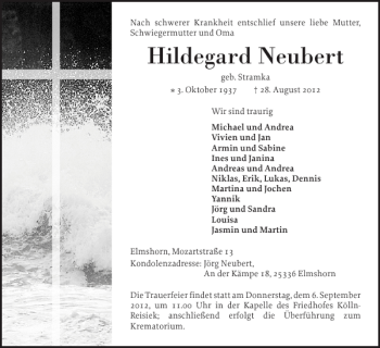 Traueranzeige von Hildegard Neubert von Elmshorner Nachrichten