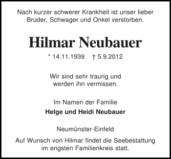 Traueranzeige von Hilmar Neubauer von Holsteinischer Courier