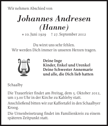 Traueranzeige von Johannes Andresen von Schleswiger Nachrichten