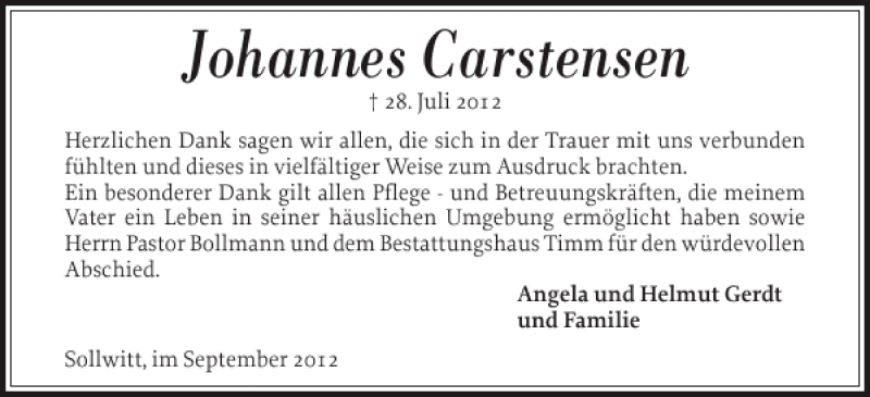  Traueranzeige für Johannes Carstensen vom 05.09.2012 aus Husumer Nachrichten