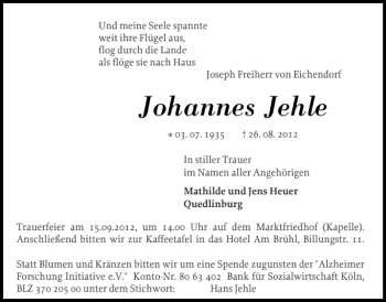 Traueranzeige von Johannes Jehle von Landeszeitung