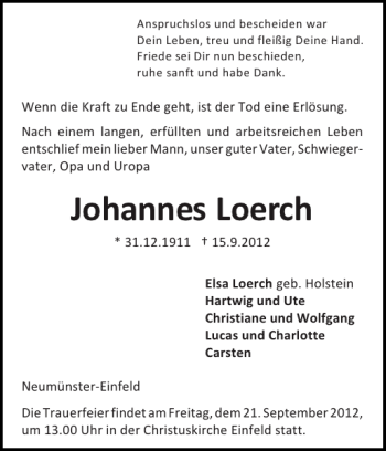 Traueranzeige von Johannes Loerch von Holsteinischer Courier