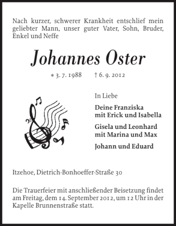 Traueranzeige von Johannes Oster von Norddeutsche Rundschau