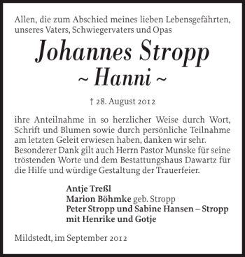 Traueranzeige von Johannes Stropp von Husumer Nachrichten