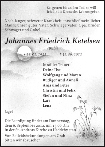 Traueranzeige von Johannes Friedrich Ketelsen von Schleswiger Nachrichten