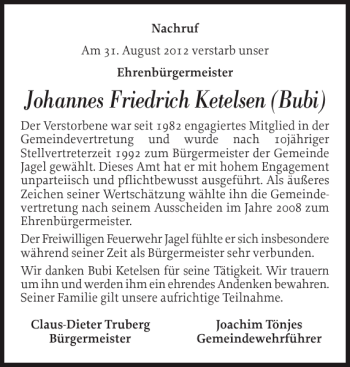 Traueranzeige von Johannes Friedrich Ketelsen Bubi von Schleswiger Nachrichten