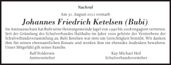 Traueranzeige von Johannes Friedrich Ketelsen Bubi von Schleswiger Nachrichten