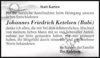 Traueranzeige von Johannes Friedrich Ketelsen Bubi von Schleswiger Nachrichten