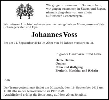 Traueranzeige von JohannesVoss  von Ostholsteiner Anzeiger