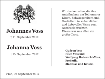 Traueranzeige von JohannesVoss JohannaVoss von Ostholsteiner Anzeiger