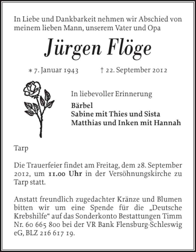  Traueranzeige für Jürgen Flöge vom 26.09.2012 aus Flensburger Tageblatt