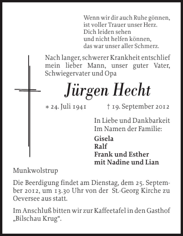  Traueranzeige für Jürgen Hecht vom 22.09.2012 aus Flensburger Tageblatt