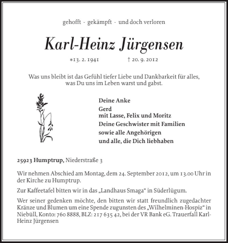  Traueranzeige für Karl-Heinz Jürgensen vom 22.09.2012 aus Nordfriesland Tageblatt