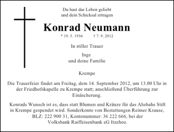 Traueranzeige von Konrad Neumann von Norddeutsche Rundschau