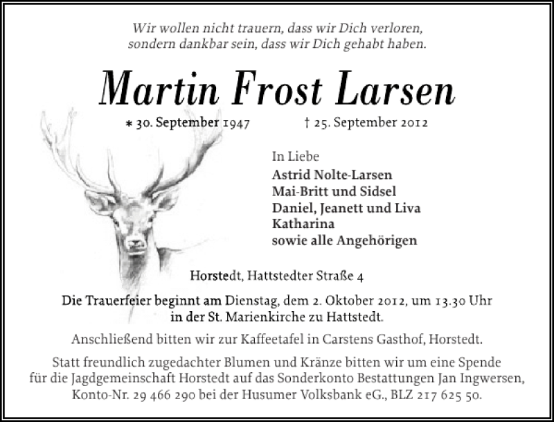  Traueranzeige für Martin Frost Larsen vom 29.09.2012 aus Husumer Nachrichten