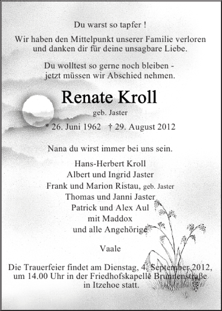 Traueranzeige für Renate Kroll vom 01.09.2012 aus Norddeutsche Rundschau