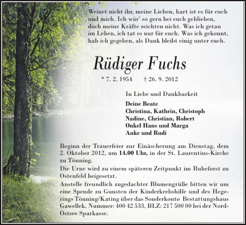  Traueranzeige für Rüdiger Fuchs vom 29.09.2012 aus Husumer Nachrichten