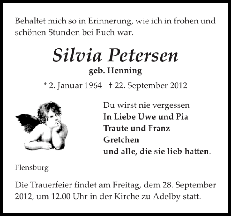  Traueranzeige für Silvia Petersen vom 25.09.2012 aus Flensburger Tageblatt